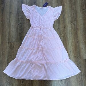 Lascana Light Pink Tiered Midi Dress Flutter Sleeve V-Neck Size 4 cottage spring